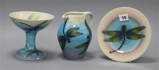 Dennis China Works: A dish, a footed bowl and a jug, decorated with dragonflies tallest 15cm